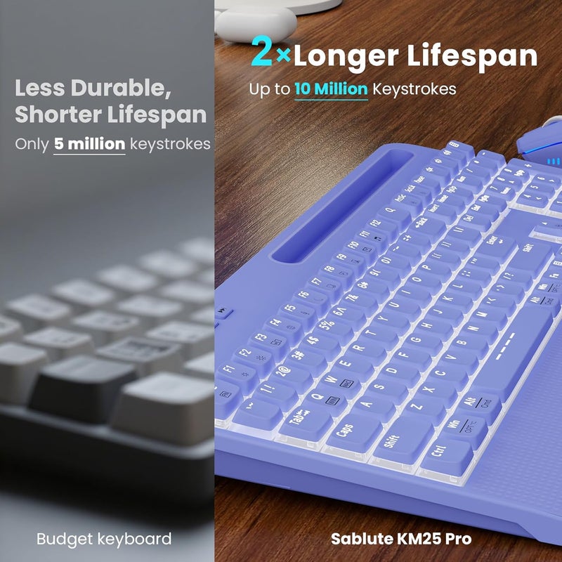 SABLUTE Purple Keyboard and Mouse Wireless Combo, 4000mAh Rechargeable Backlit Quiet Keyboards mice Set, USB Ergonomic Key Board with Wrist Rest & Phone Holder for PC, Mac, Windows, Natural Soft Typing - Image 5
